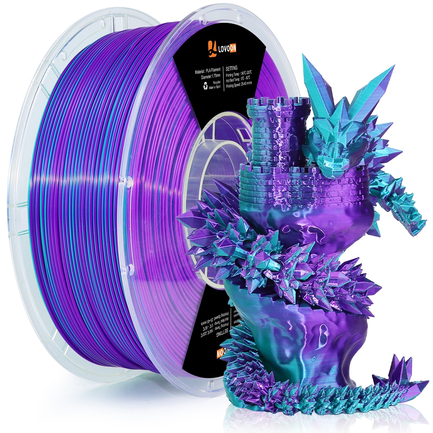 Dual Color Silk PLA Filament Teal-Dark Violet (Blue-Purple)