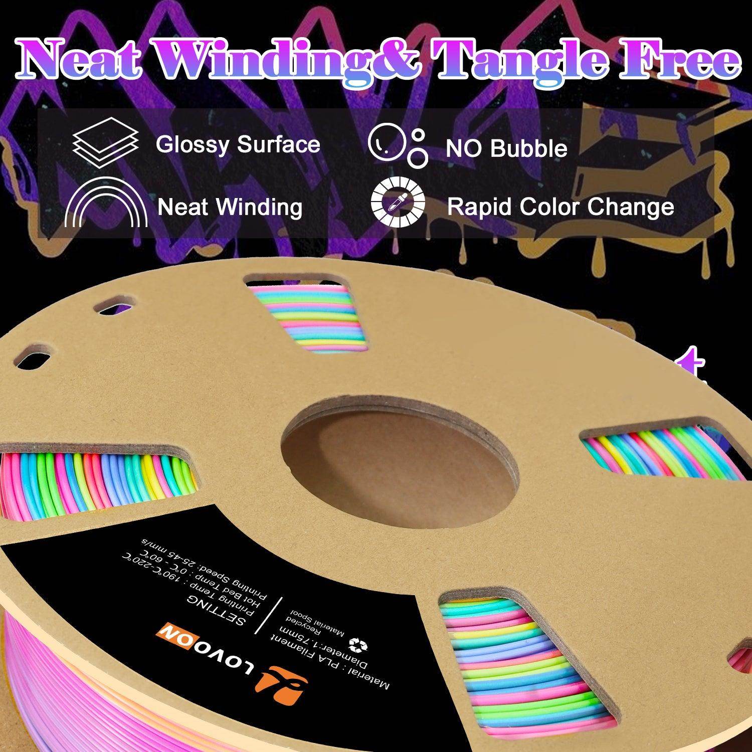 Silk PLA Filament Rainbow Color Shift Green-Blue-Purple-Pink-Yellow - Lovoon