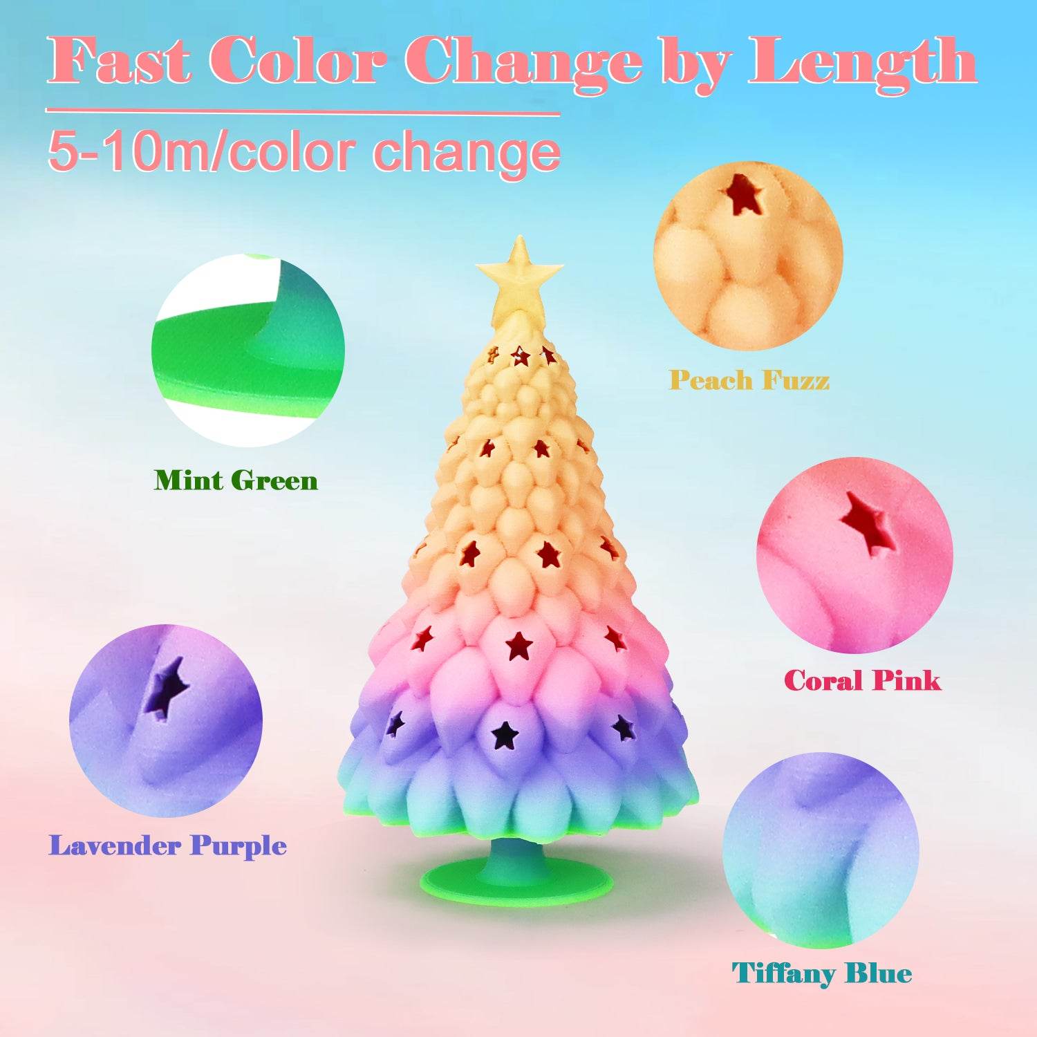 Matte PLA Filament Rainbow Gradient Blue-Green-Pink-Purple-Peach - Lovoon