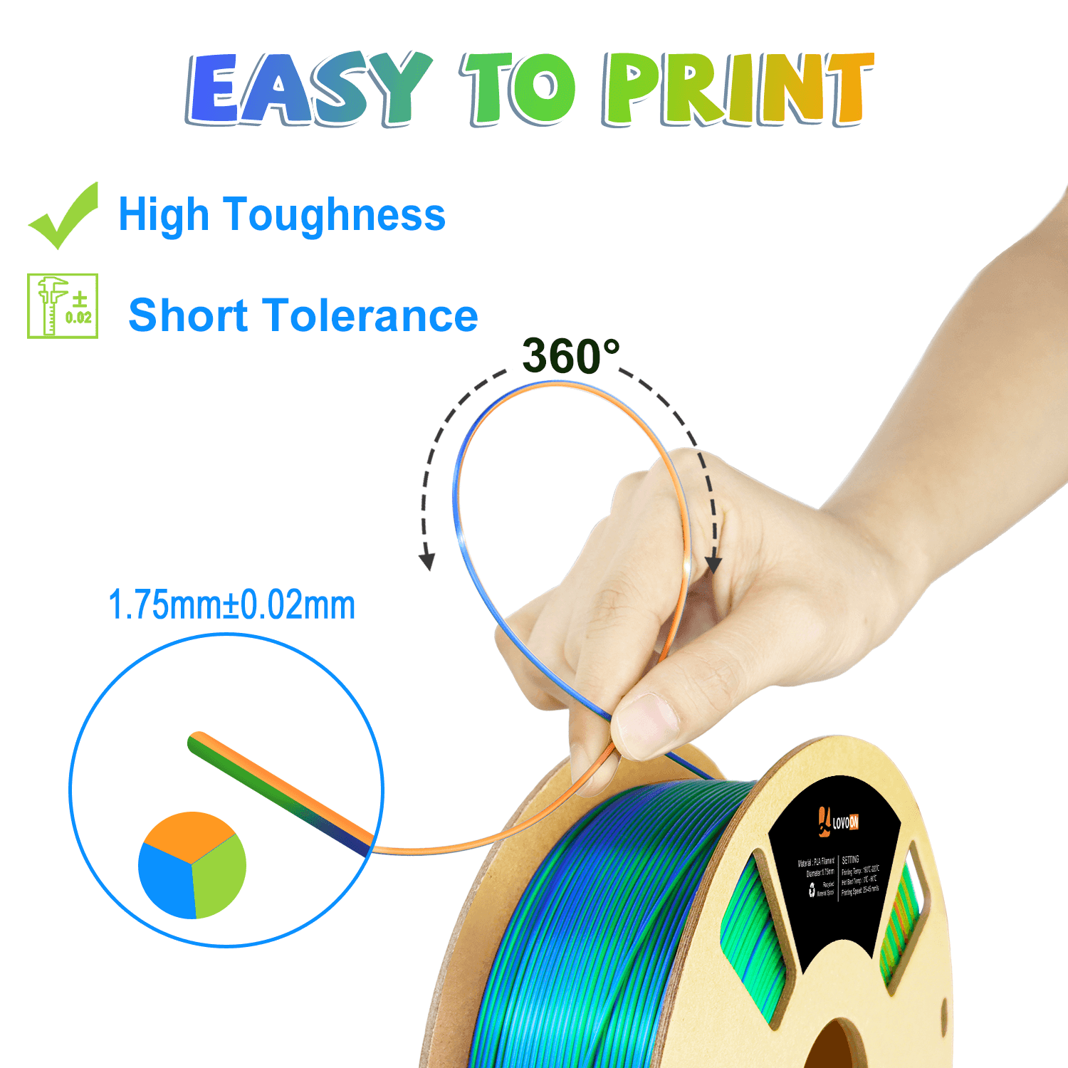 Tricolor Silk PLA Filament Orange-Green-Blue - Lovoon