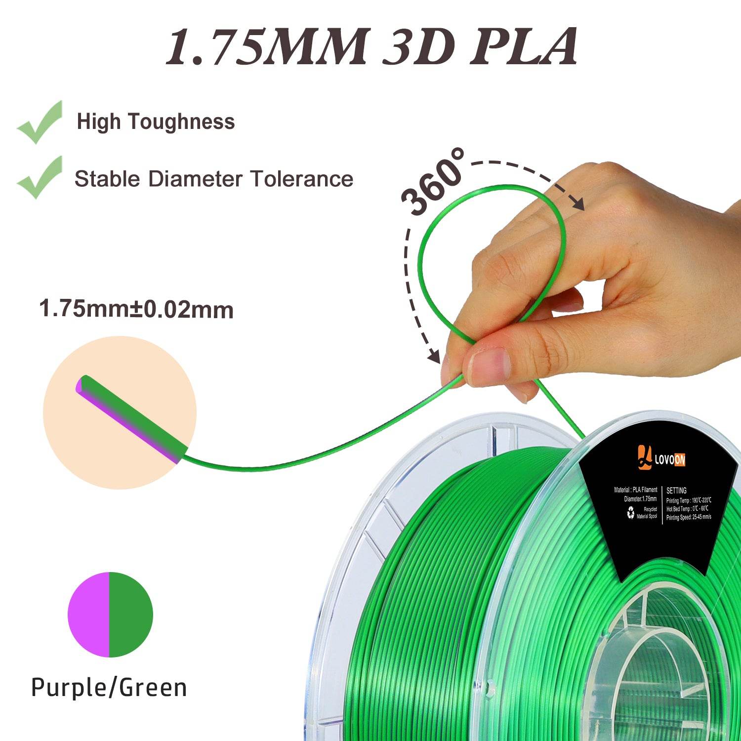 Dual Color Silk PLA Filament Green-Purple - Lovoon