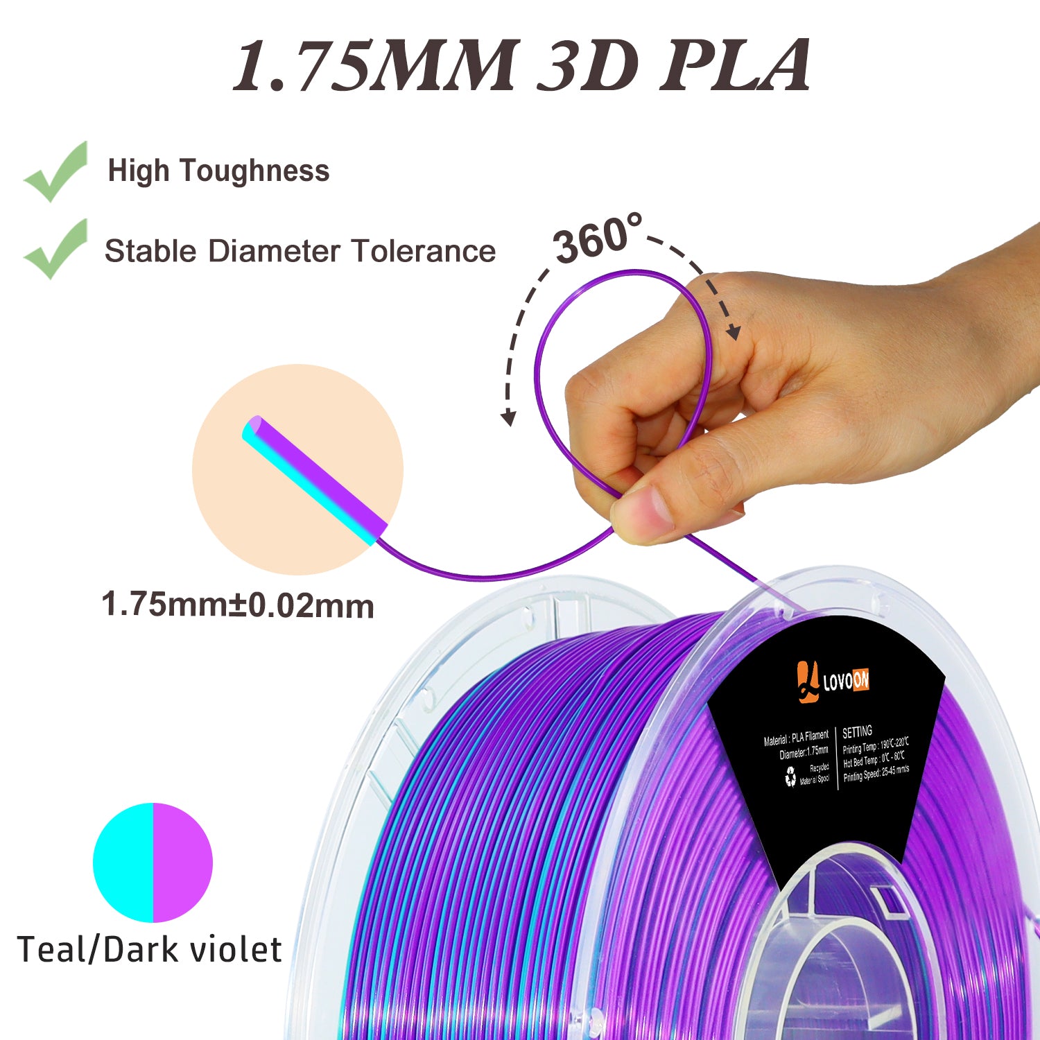 Dual Color Silk PLA Filament Teal-Dark Violet (Blue-Purple)