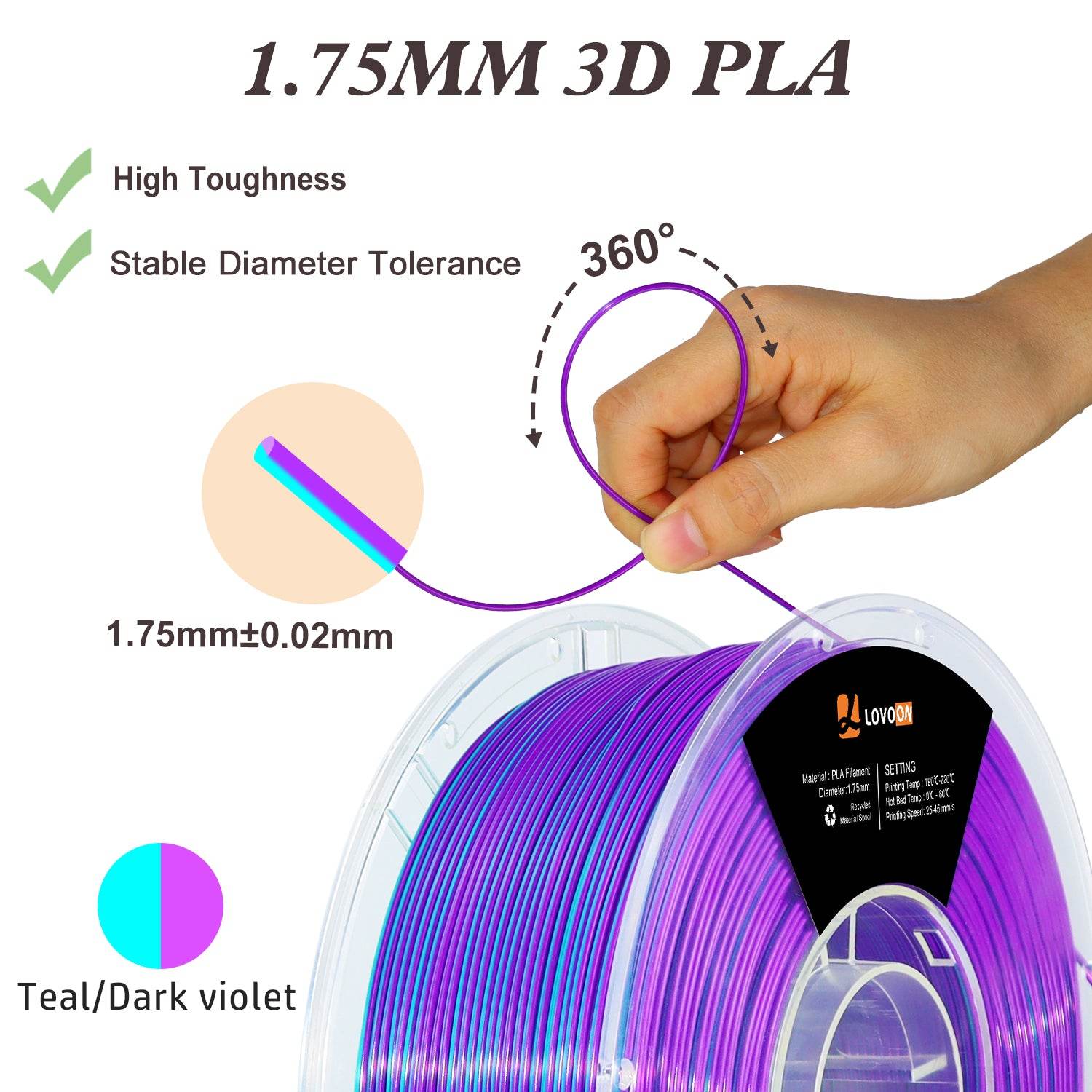 Dual Color Silk PLA Filament Teal-Dark Violet (Blue-Purple) - Lovoon