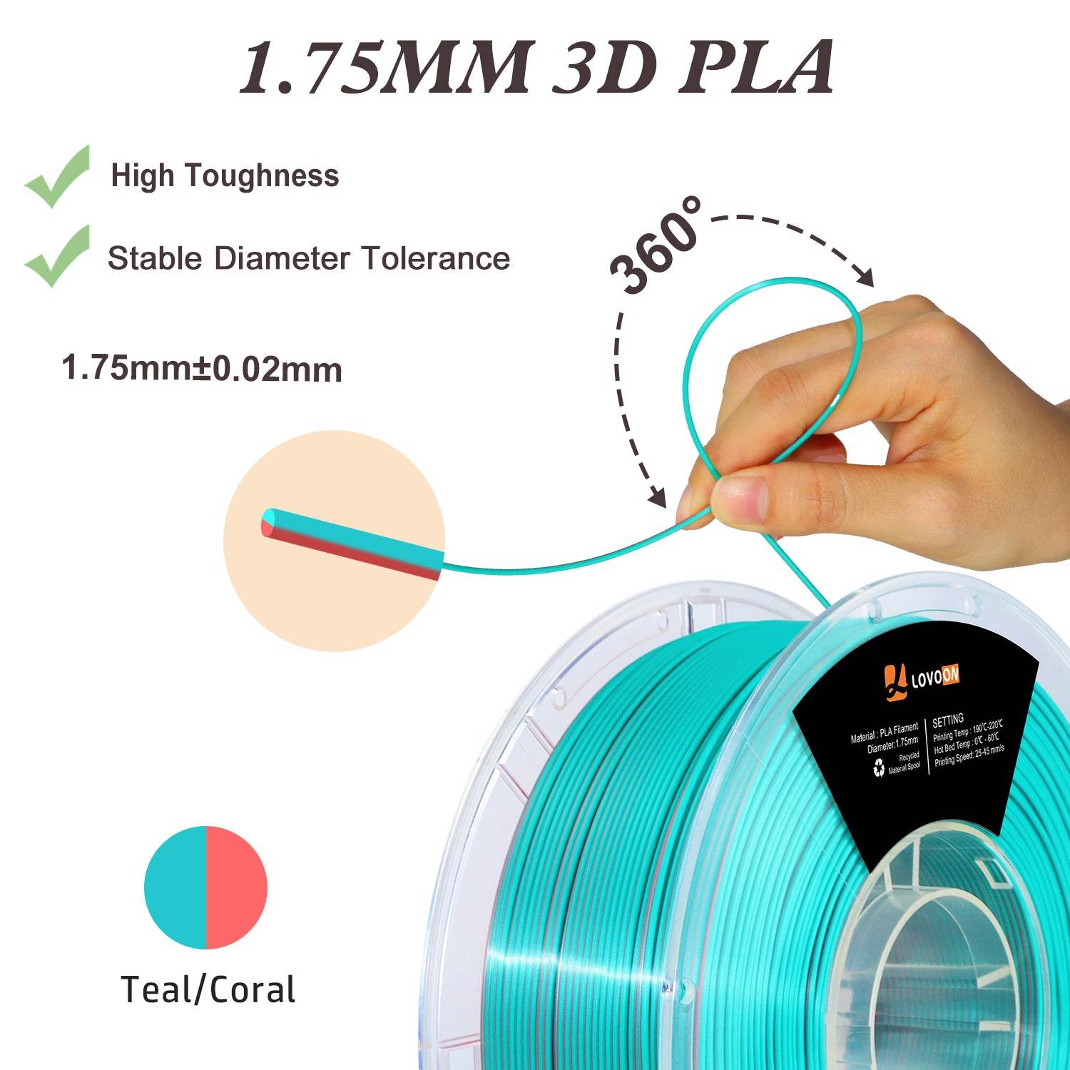 Dual Color Silk PLA Filament Teal-Coral (Blue-Pink) - Lovoon