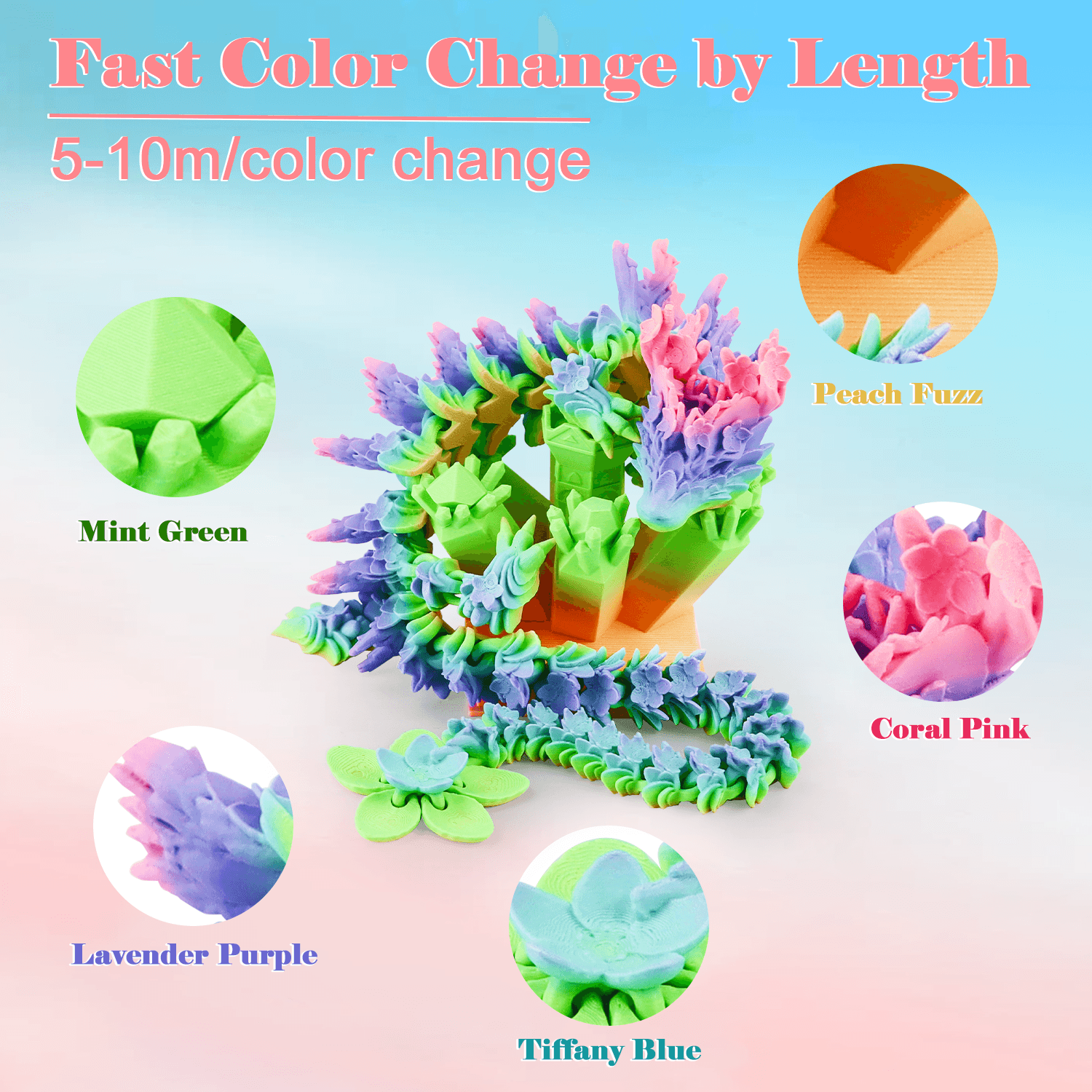 Matte PLA Filament Rainbow Gradient Blue-Green-Pink-Purple-Peach - Lovoon