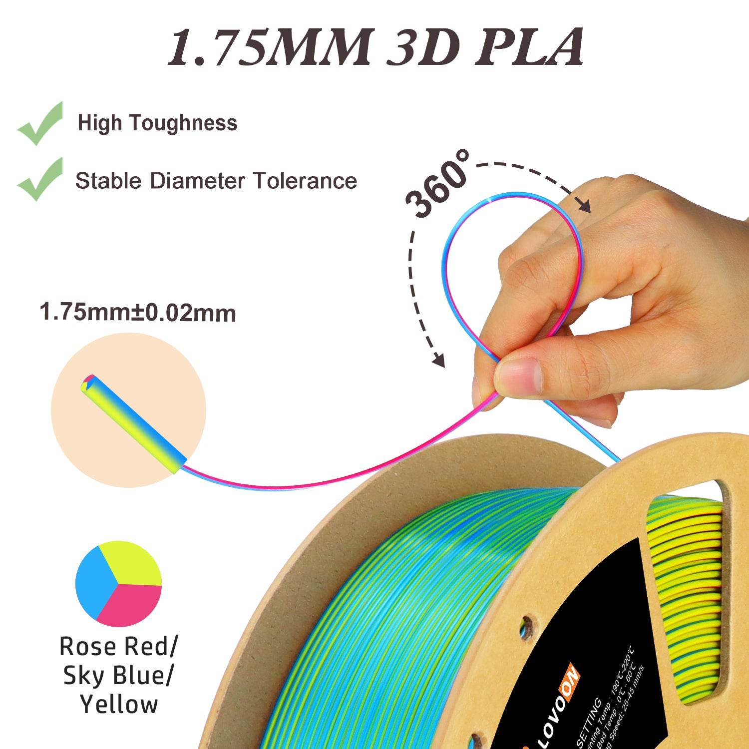 Tricolor Silk PLA Filament Rose Red-Sky Blue-Yellow - Lovoon