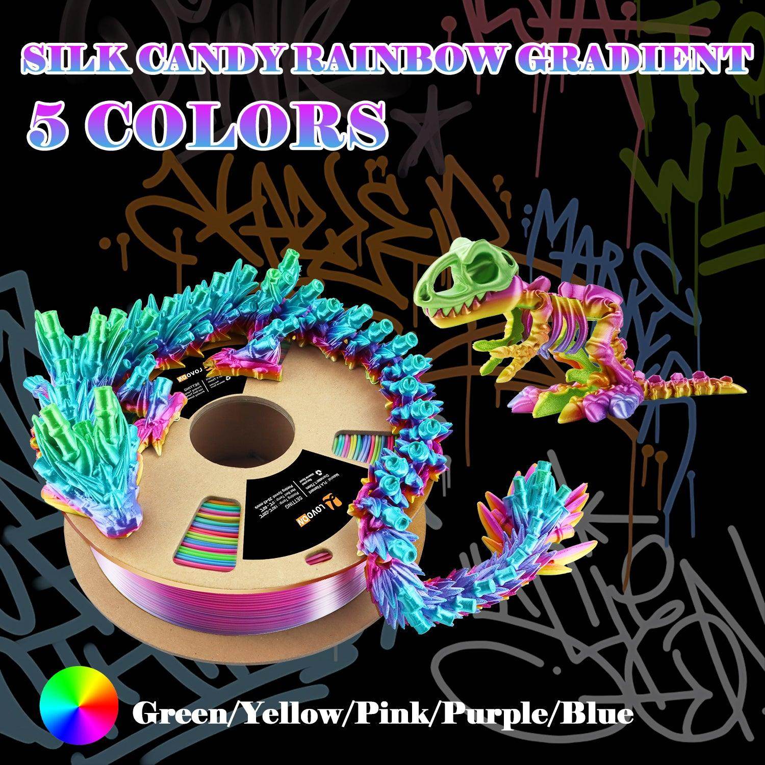 Silk PLA Filament Rainbow Color Shift Green-Blue-Purple-Pink-Yellow - Lovoon