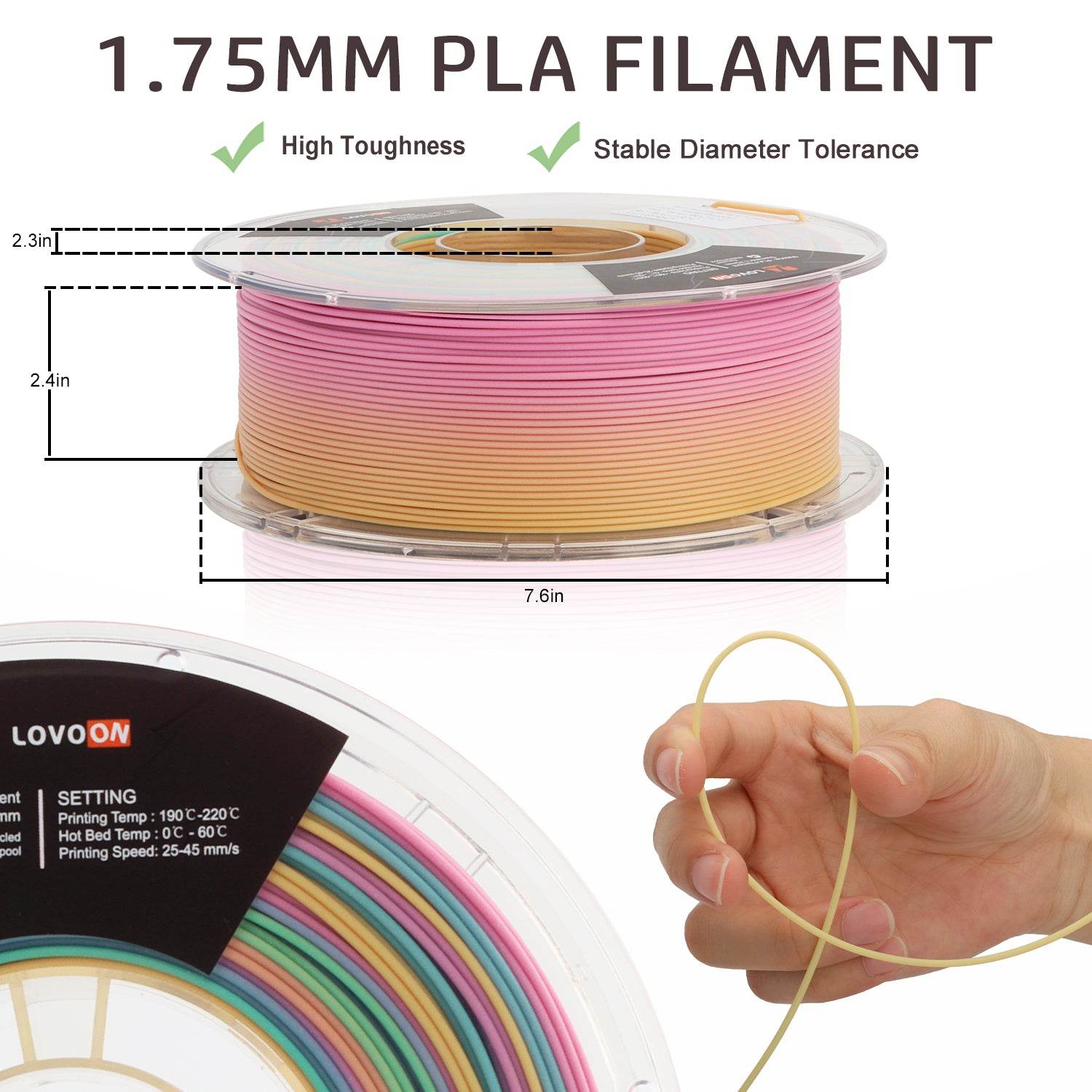 Matte PLA Filament Macaron Gradient Purple-Pink / Green-Blue / Yellow - Lovoon