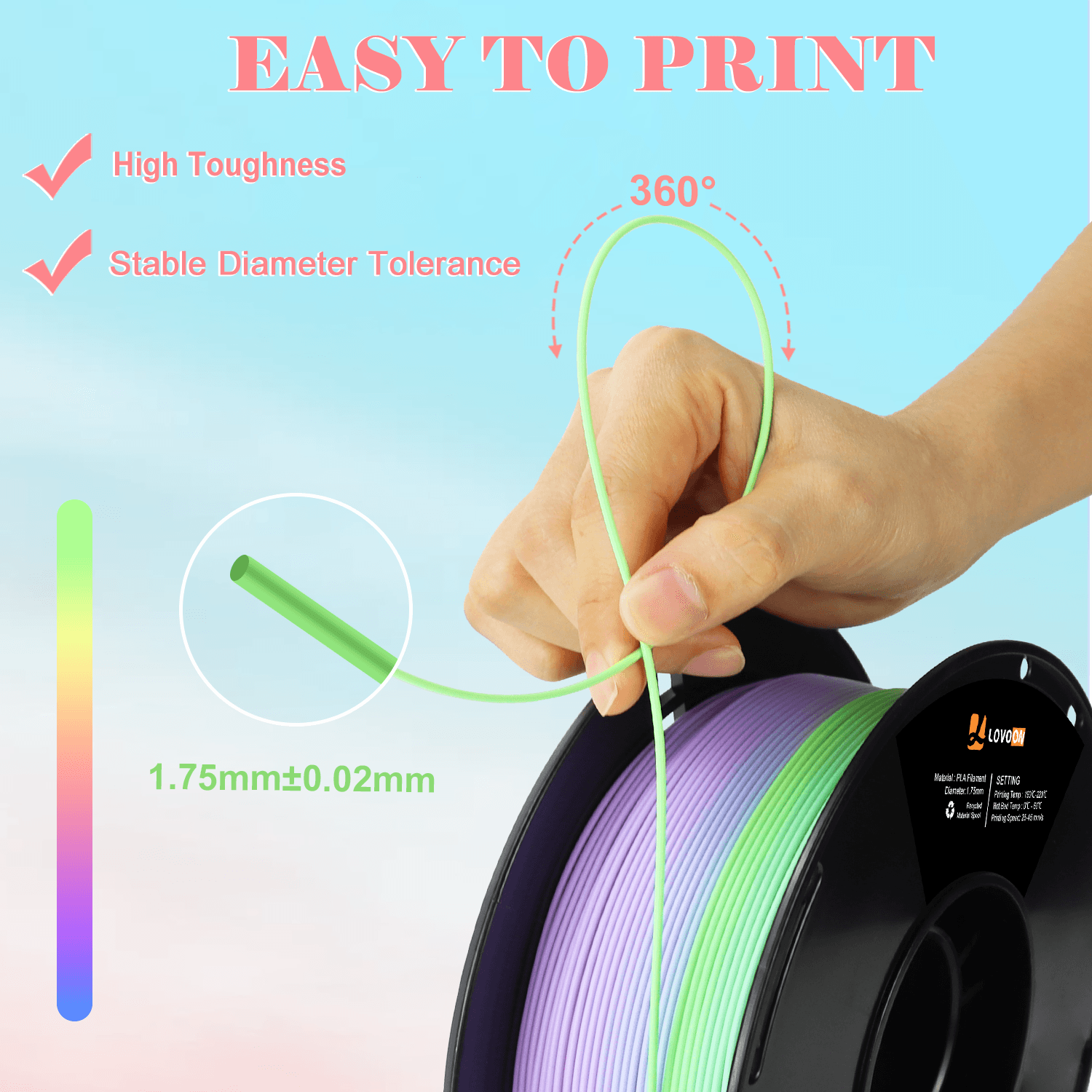 Matte PLA Filament Rainbow Gradient Blue-Green-Pink-Purple-Peach - Lovoon