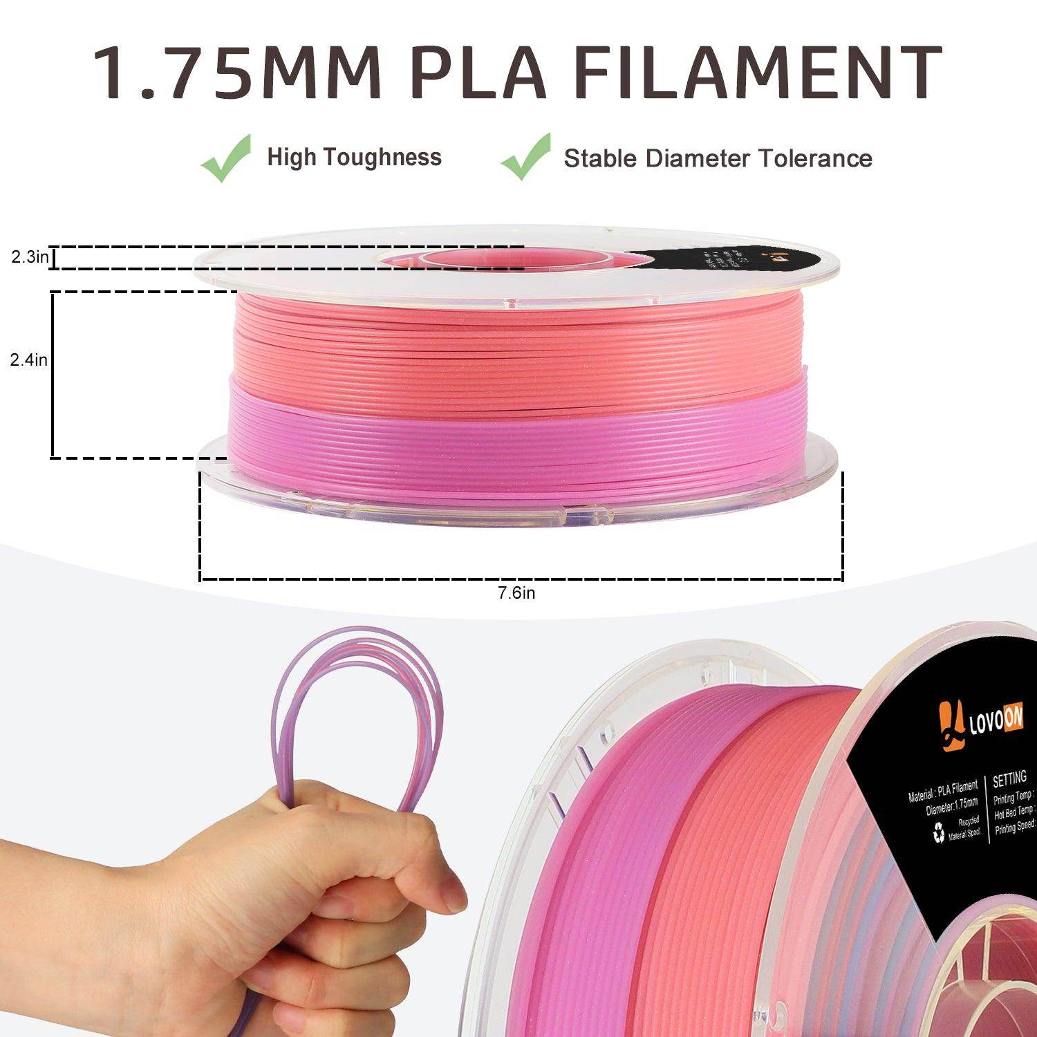 Glow in the Dark Rainbow PLA Filament Pink-Purple-Blue - Lovoon