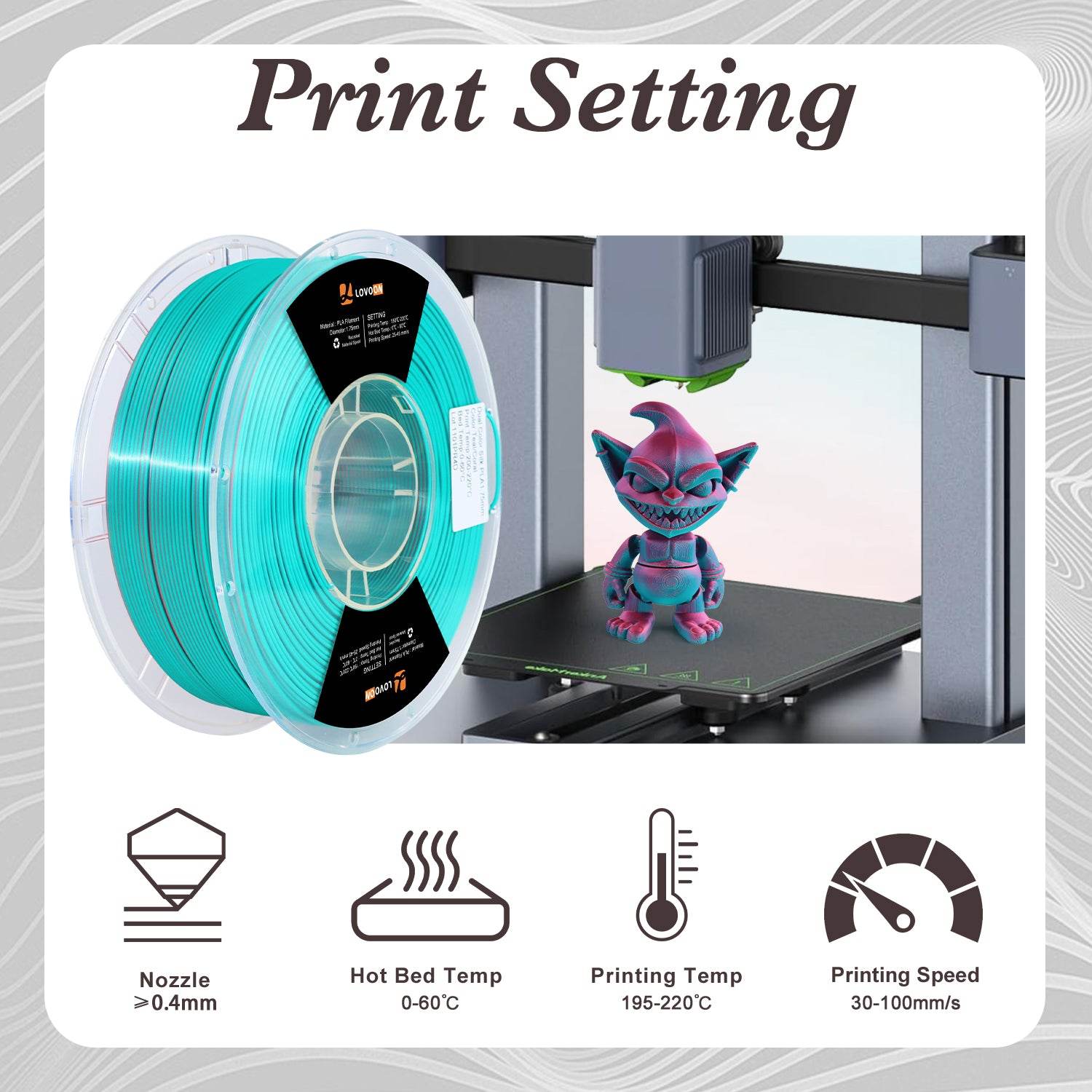 Dual Color Silk PLA Filament Teal-Coral (Blue-Pink) - Lovoon