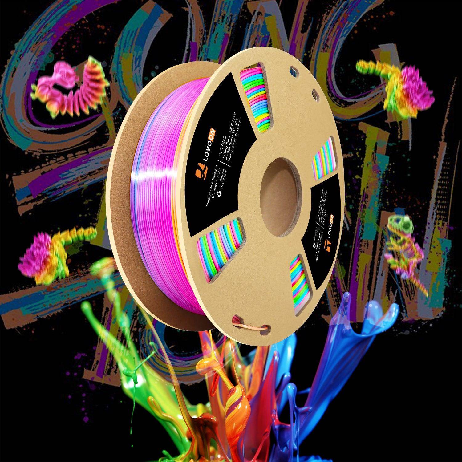 Silk PLA Filament Rainbow Color Shift Green-Blue-Purple-Pink-Yellow - Lovoon