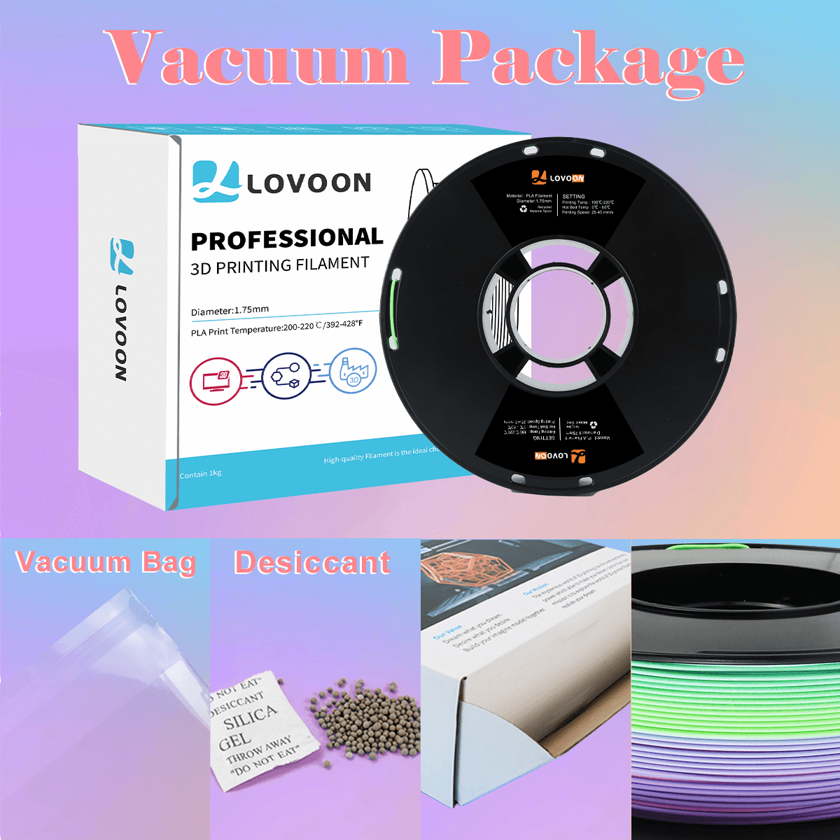 Matte PLA Filament Rainbow Gradient Blue-Green-Pink-Purple-Peach - Lovoon