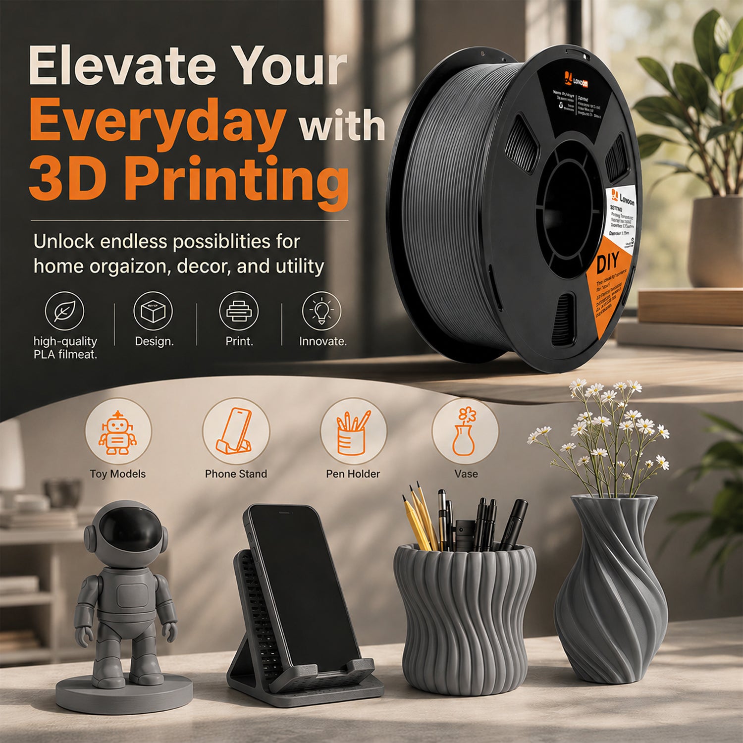 LOVOON PLA Filament 1kg- Dark Grey