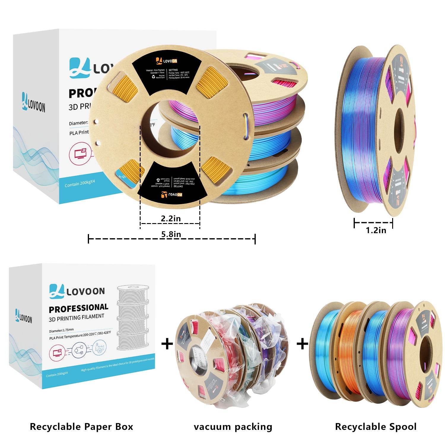 Dual Color Silk PLA Filament Bundle 200g x 4 Spools - Lovoon