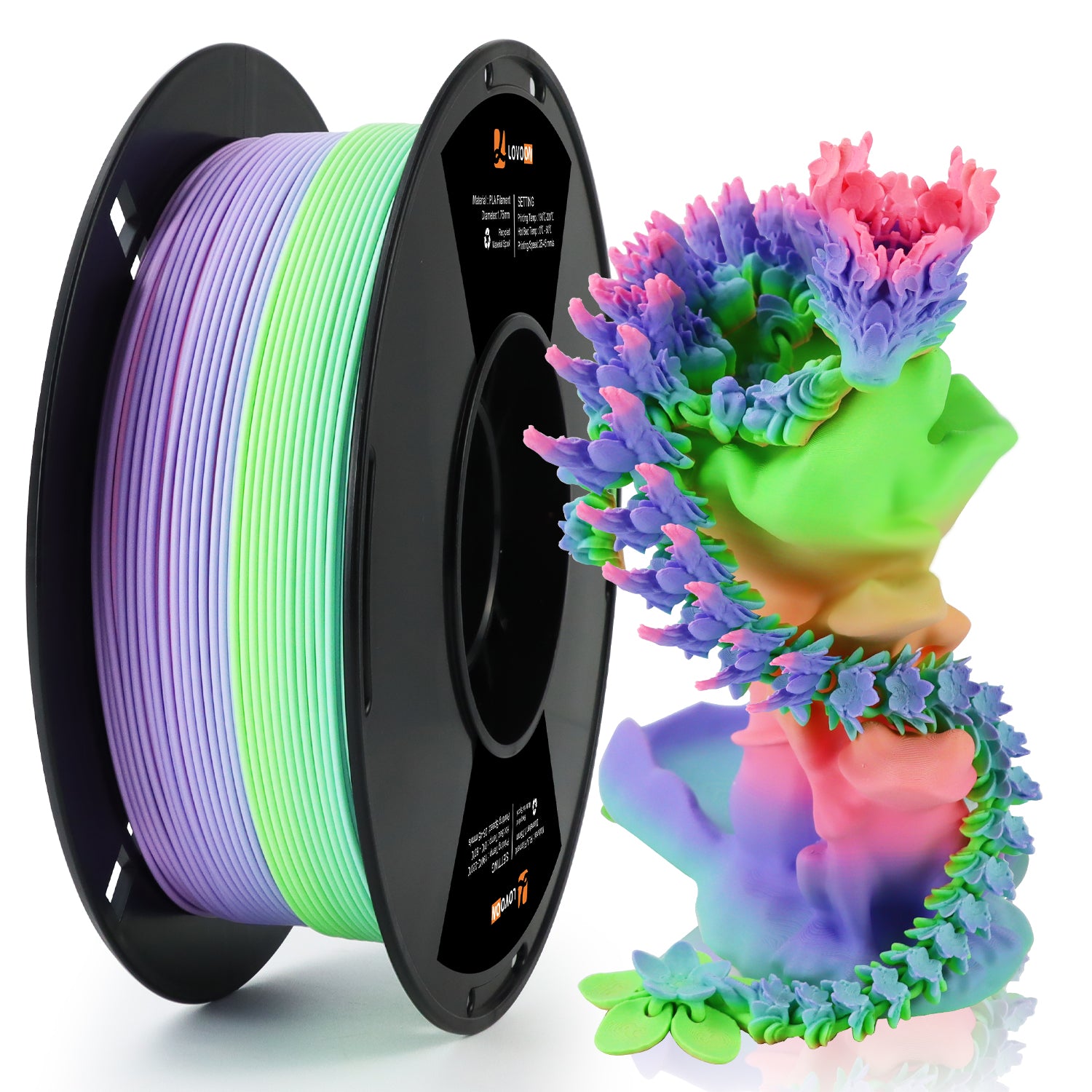 Mattes PLA Filament Regenbogen Farbverlauf Blau-Grün-Pink-Lila-Pfirsich