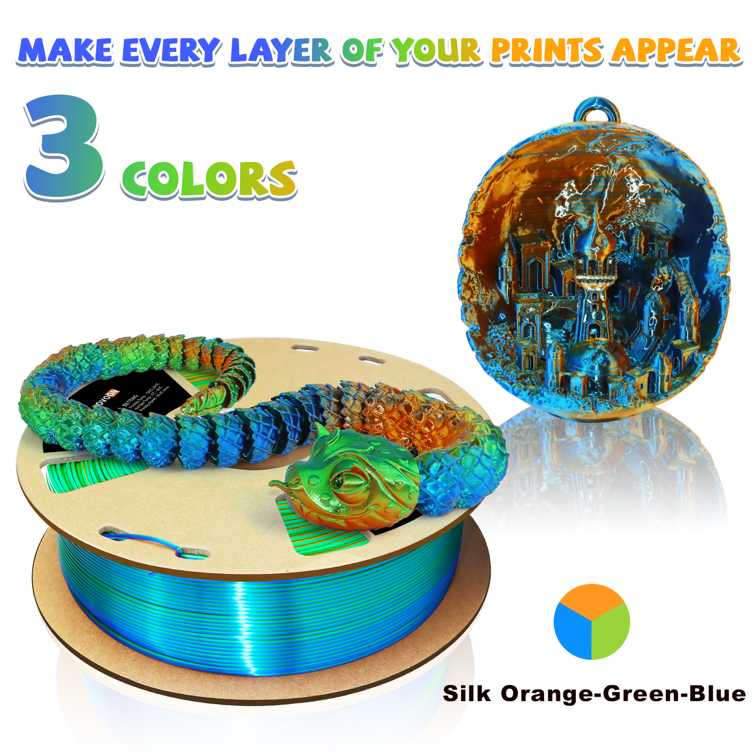 Tricolor Silk PLA Filament Orange-Grün-Blau