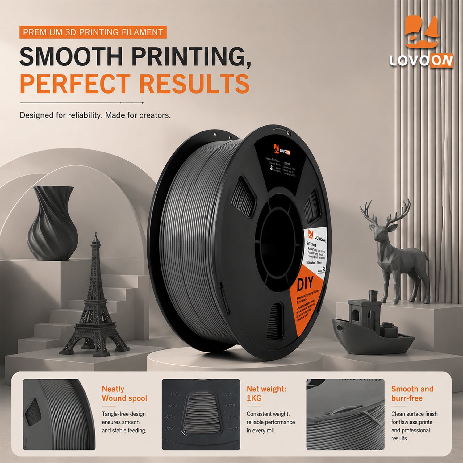 LOVOON PLA Filament 1kg- Dark Grey
