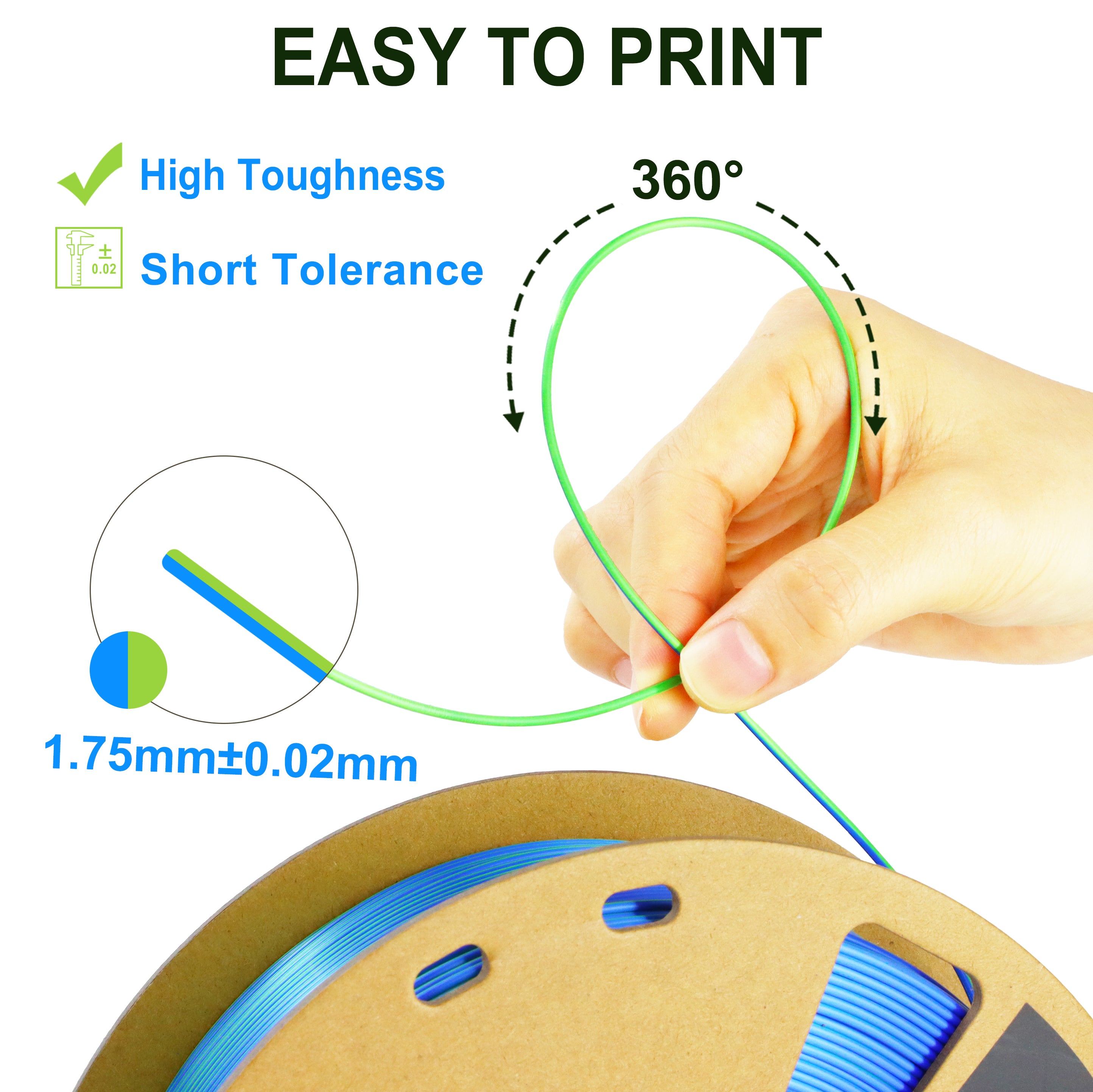 Dual Color Silk PLA Filament Blue-Green