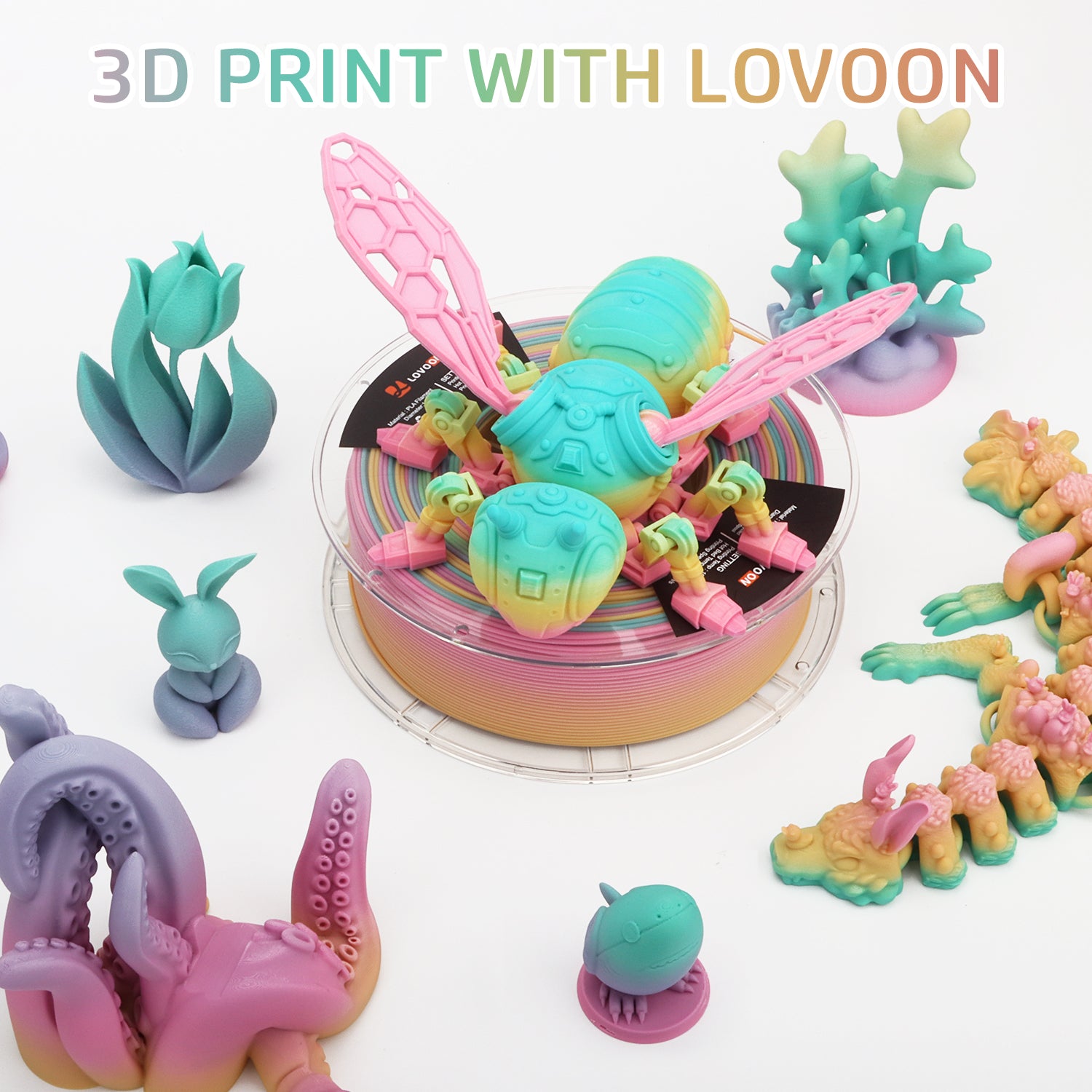 Mattes PLA Filament Macaron Farbverlauf Lila-Pink / Grün-Blau / Gelb
