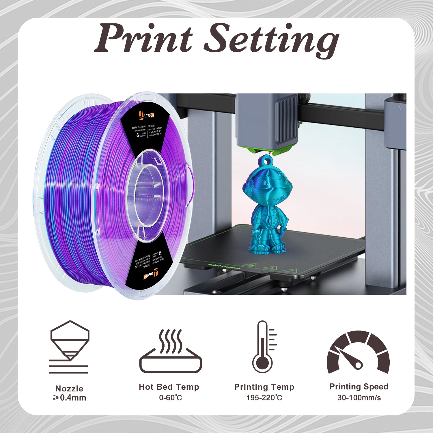 Zweifarbiges Silk PLA Filament Teal-Dark Violet (Blau-Lila)