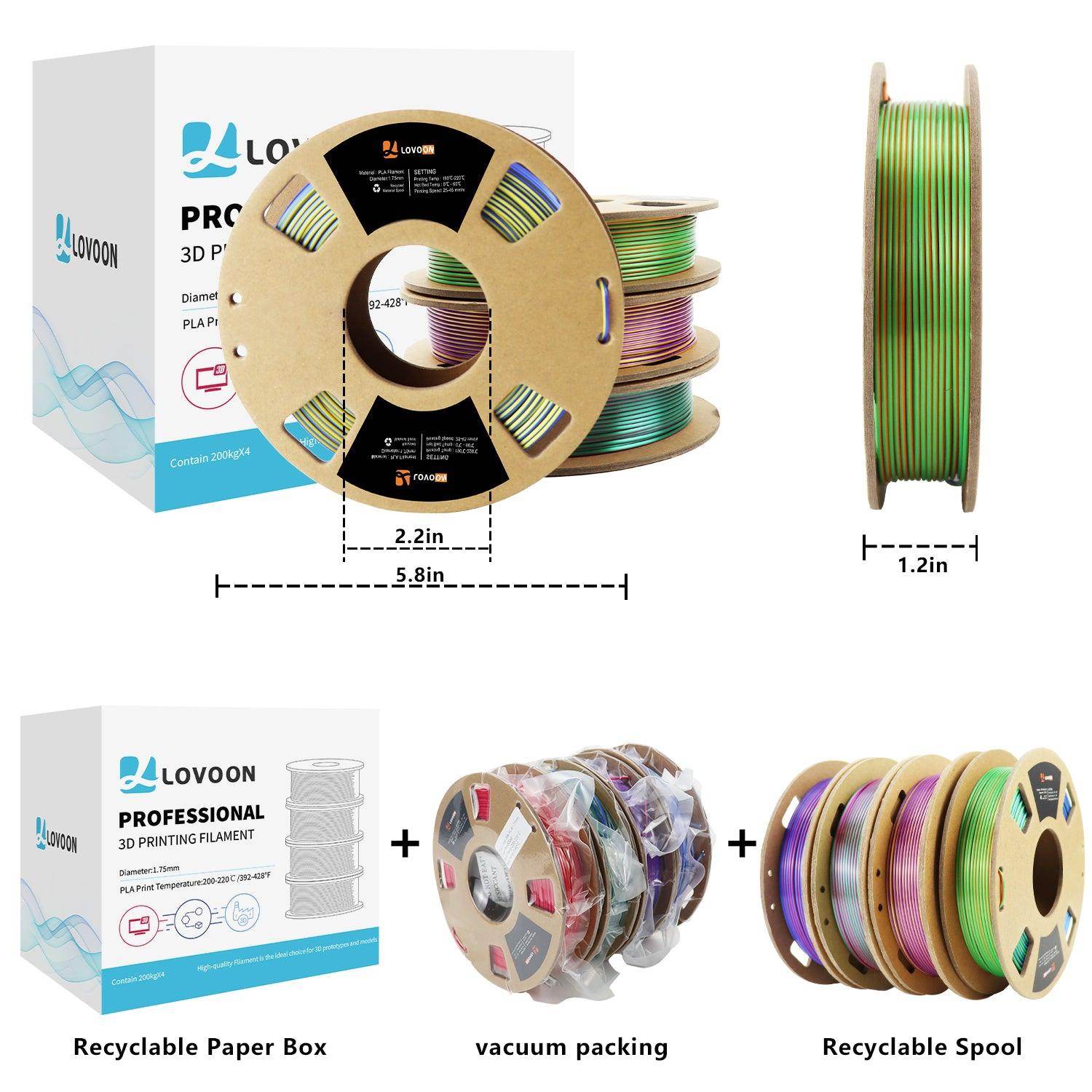 Tricolor Silk PLA Filament Bundle Rainbow, 200g x 4 Spools - Lovoon
