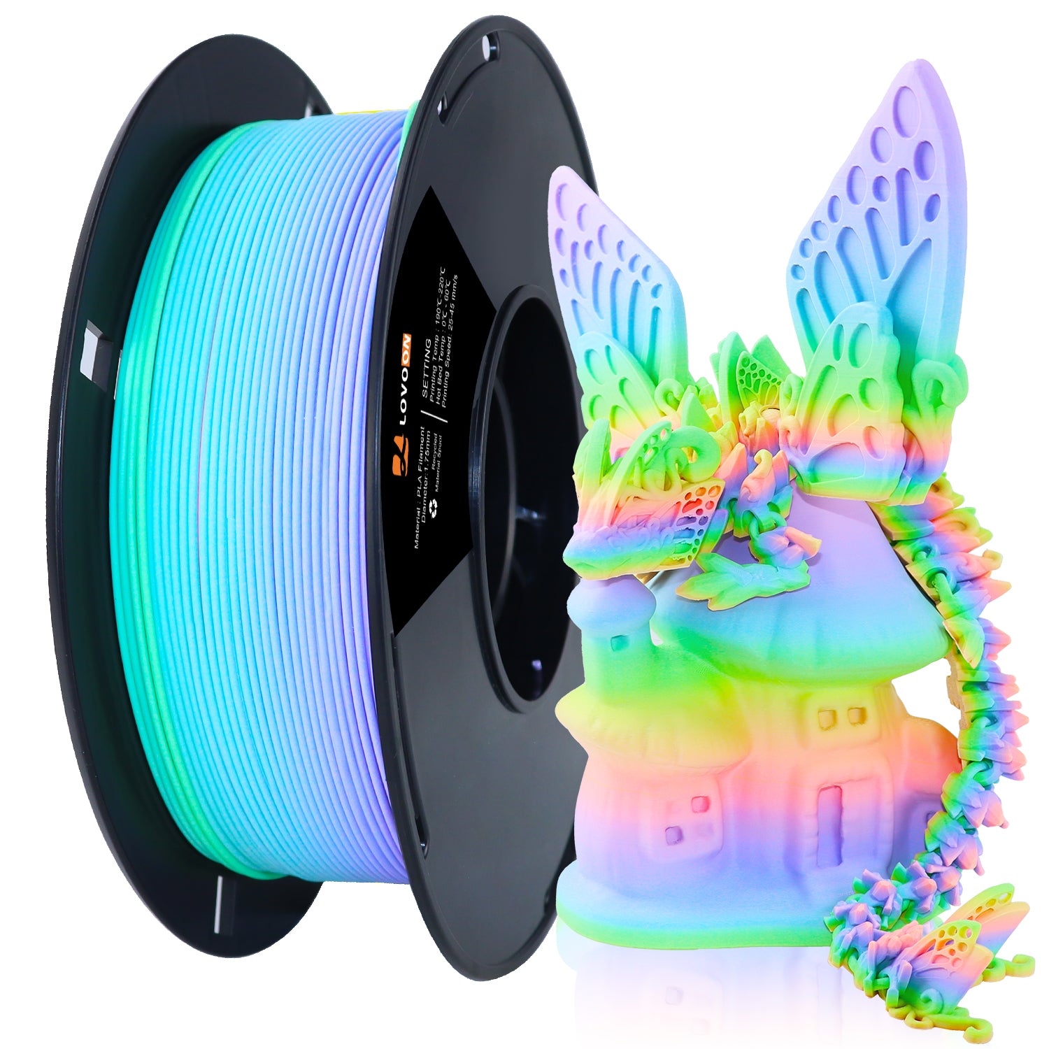 Mattes PLA Filament Farbverlauf Grün-Blau-Lila-Pink-Orange